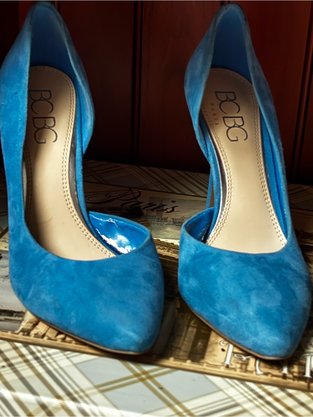vibrant blue suede pointed-toe pumps by BCBG.